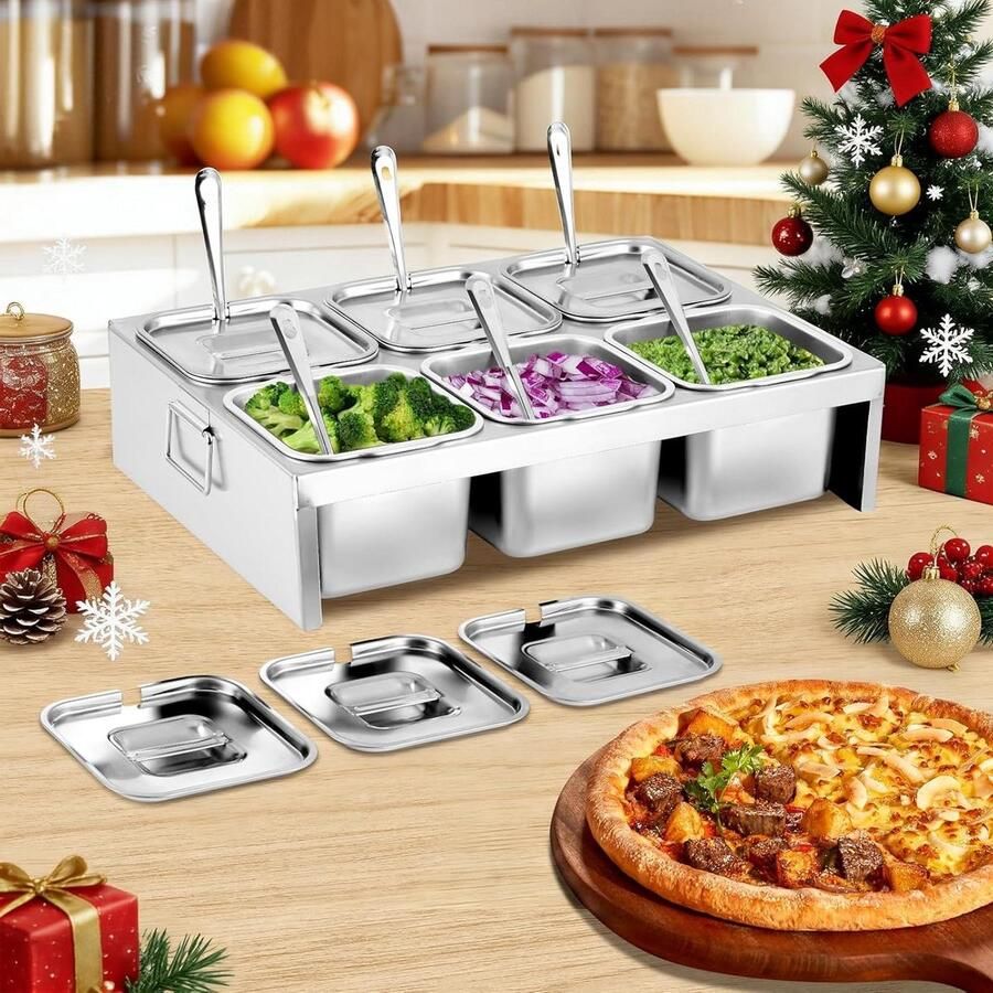 Pizza Topping Station Toppings Organizer Pizza Voorbereiden Roestvrijstalen Containers 6 Bakjes Zilver