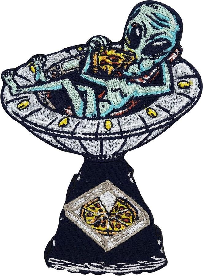 Pizza Ufo Patch Grappige Applicatie Kleding Versieren Opstrijkbaar Ontwerp M Grijs Groen Zwart
