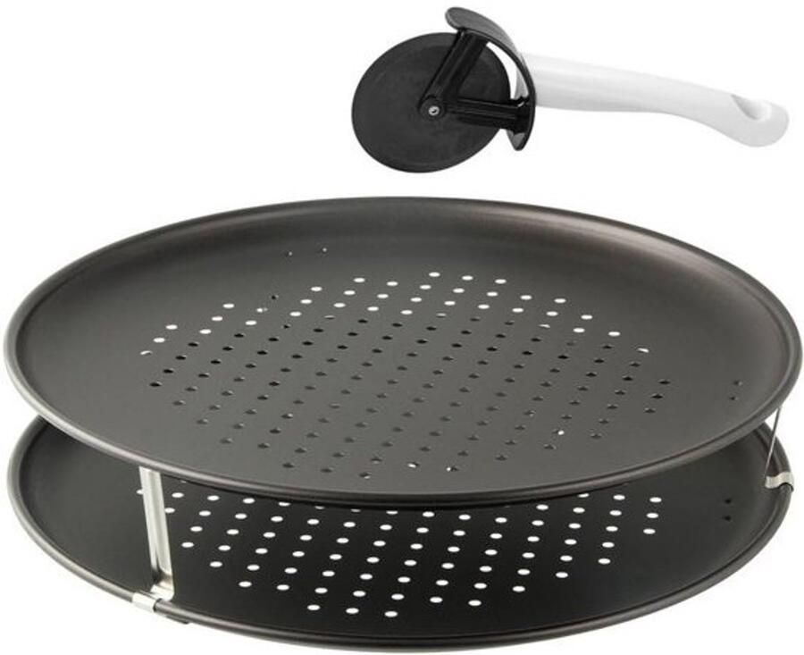 Pizzabakset 3-delig met geperforeerde bakplaten en pizzaroller