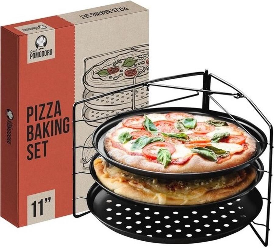 Pizzabakset 3 pizzapannen met gaten en pizzarek voor oven en grill 28 cm