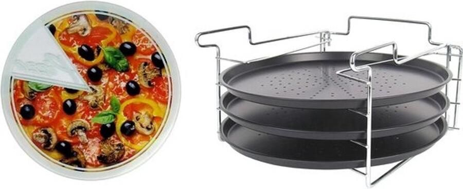 Pizzabakset 5-delig Pizzaplaten houder Gelijktijdig bakken Antiaanbaklaag geperforeerd Ø 31 cm Chroom