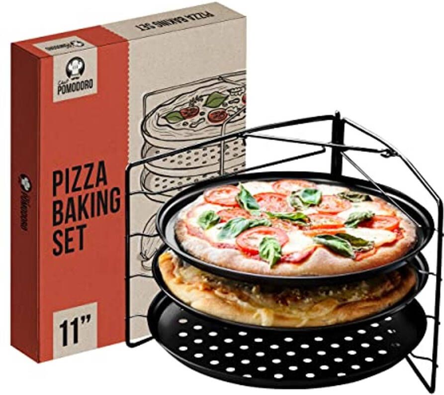 Pizzabakset met 3 Pizzapan met Gaten en Pizzarek voor Oven en Grill – 28 cm
