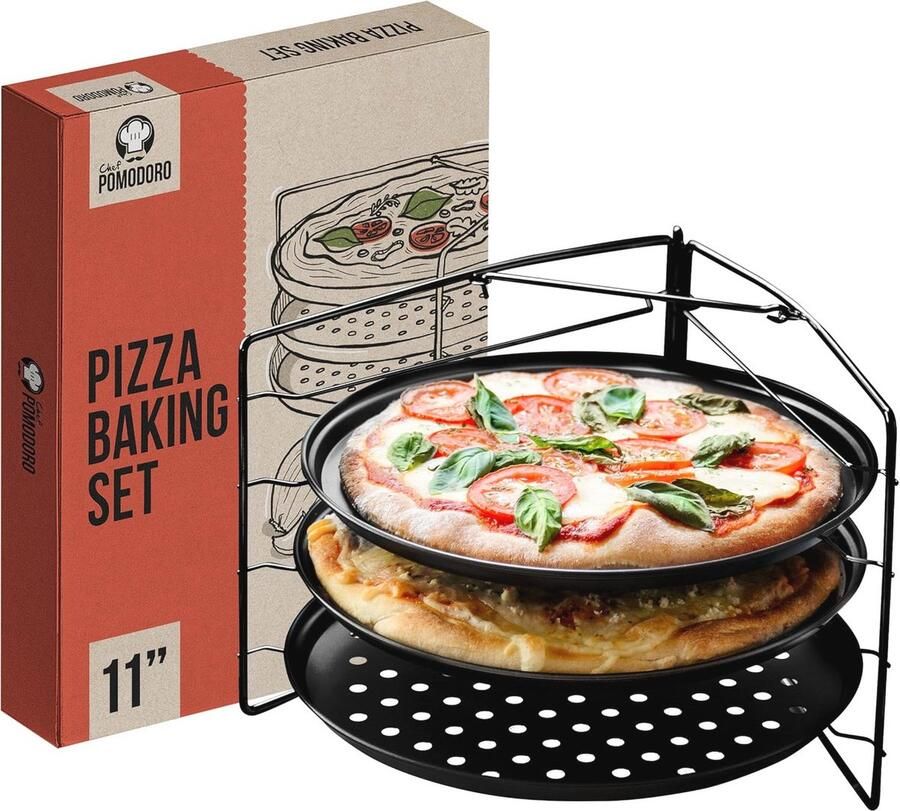 Pizzabakset met 3 Pizzapan met Gaten en Pizzarek voor Oven en Grill – 28 cm