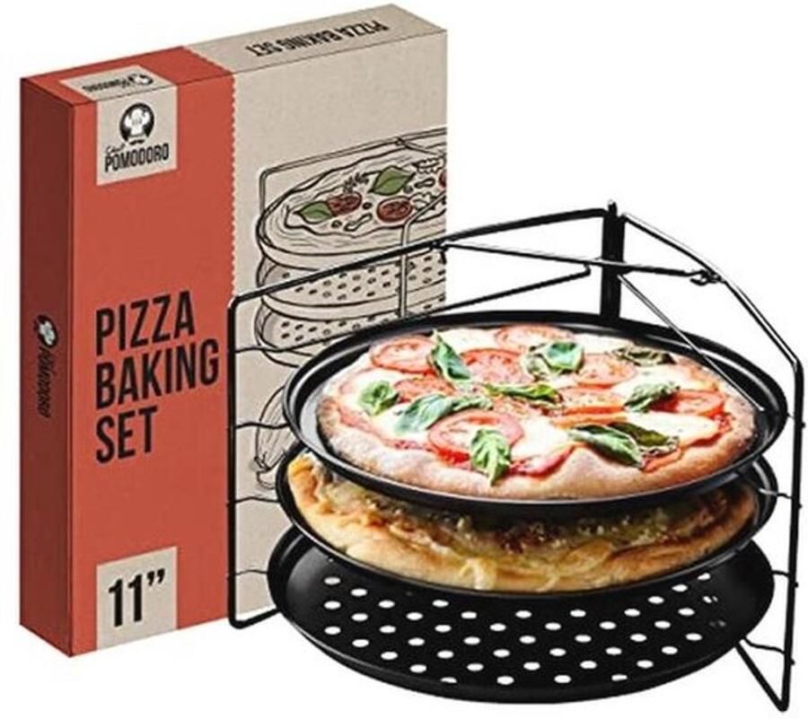 Pizzabakset met 3 pizzapannen met gaten en pizzarek voor oven en grill – 28 cm