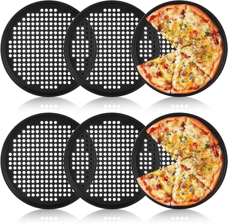 Pizzablik Set Bakplaat Ronde Pizza Bakken Geperforeerd Ontwerp 6 Stuks 30 cm Zwart