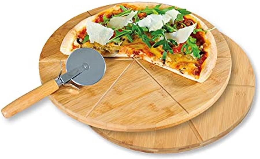 Pizzabord met Pizzasnijder Set van Bamboe Ø 32 cm Dikte 1 cm Geschikt voor Thuisgebruik