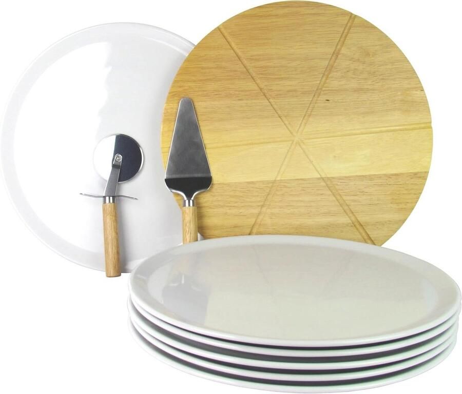 Pizzaborden met Plank Pizzaset Serveerschaal Pizza Delen Echt Houten Plank 6 stuks Ø 33 cm Wit
