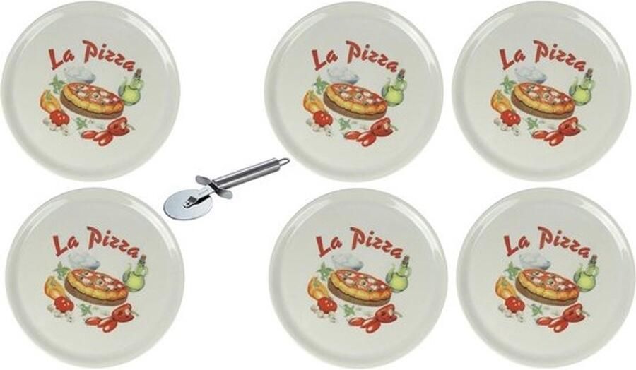 Pizzaborden Set Eetborden Pizza Serveren Inclusief Snijder 6 stuks Ø31cm Wit met decor
