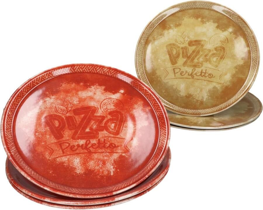 Pizzaborden Set Grote Borden Italiaans Eten Porselein Met Decor Ø 315 cm Rood en Geel