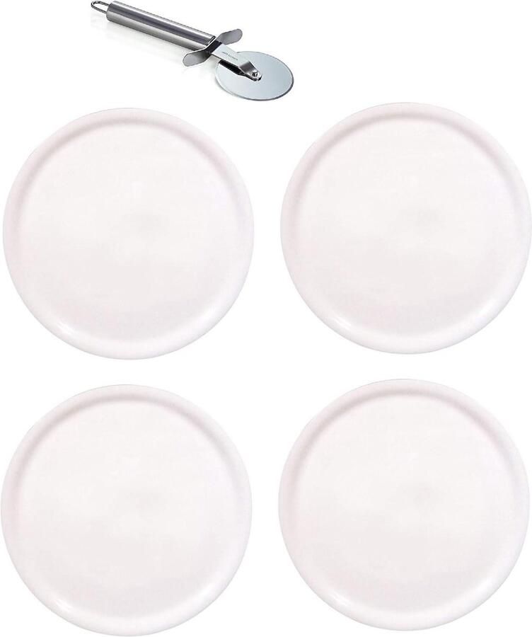 Pizzaborden Set Pizzaplaten Serveerborden Pizza Serveren Inclusief Pizzasnijder Ø33cm 4 Stuks Wit
