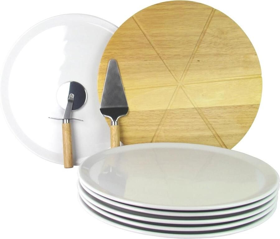 Pizzaborden Set Pizza Serveerset Pizza Avonden Met Houten Plank 6 Stuks Ø 33cm Wit