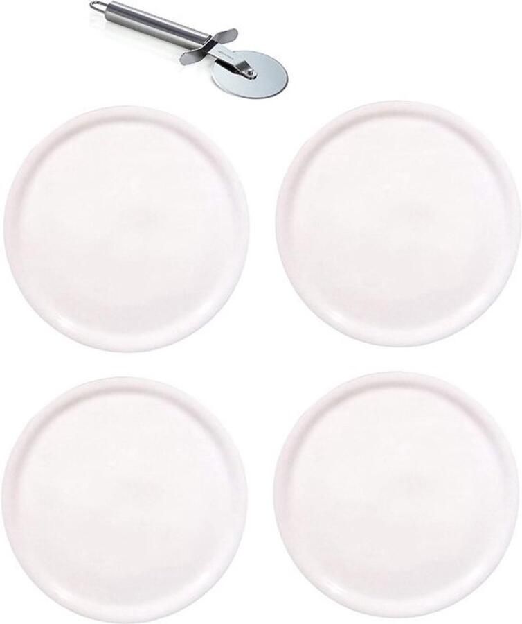 Pizzaborden Set Pizzaplaten Serveerborden Pizza Serveren Inclusief Pizzasnijder Ø33cm 4 Stuks Wit
