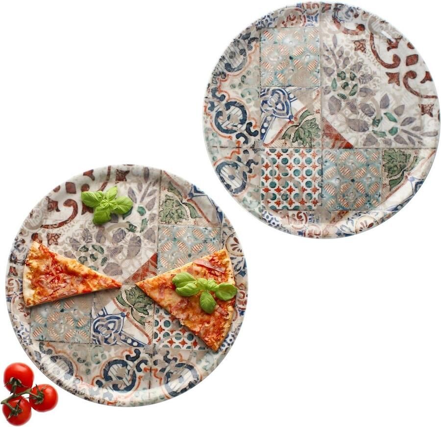 Pizzaborden Set Platte Borden Pizza Eten Kleurrijke Tegellook Ø 33 cm Multicolor