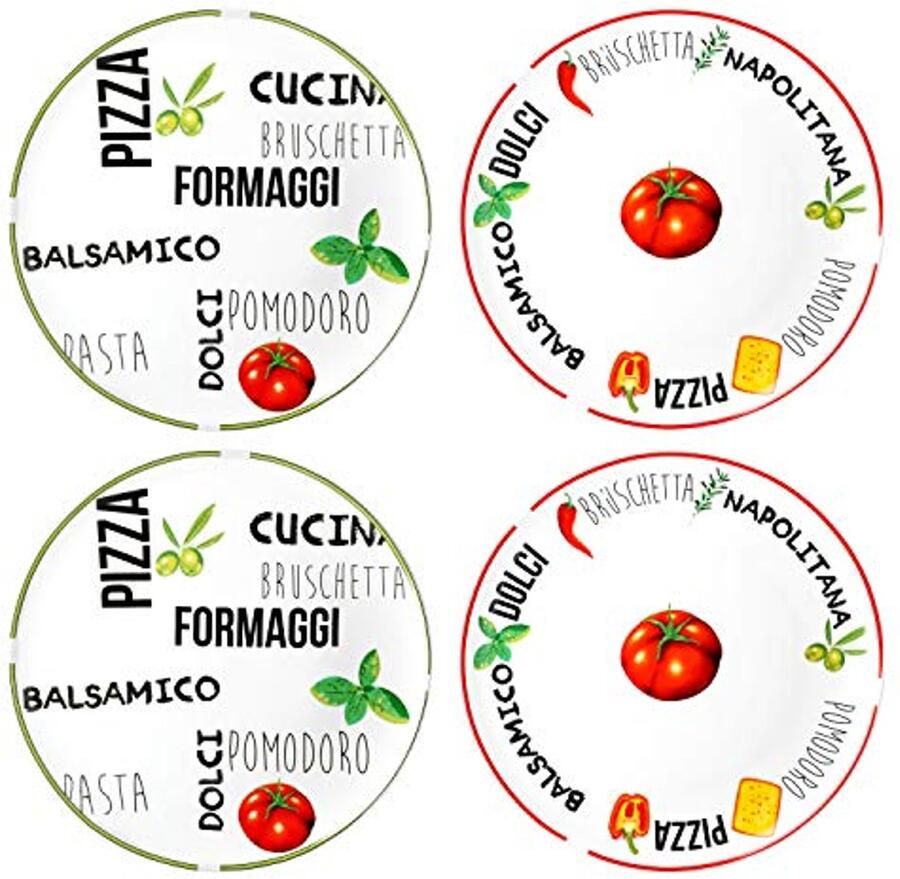 Pizzaborden set Ronde serveerschalen Italiaans dineren Handgemaakt design 4 stuks 31 cm Wit met motief