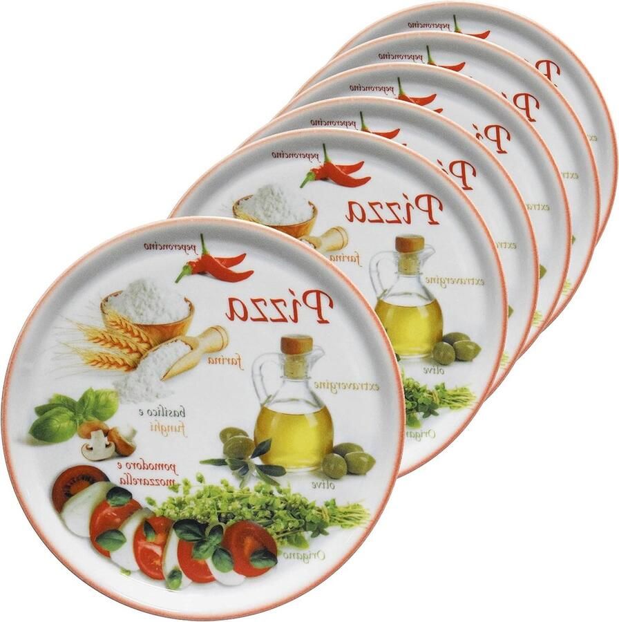 Pizzaborden Set XL Borden Italiaans Diner Decoratieve Motieven 6 Stuks Rood