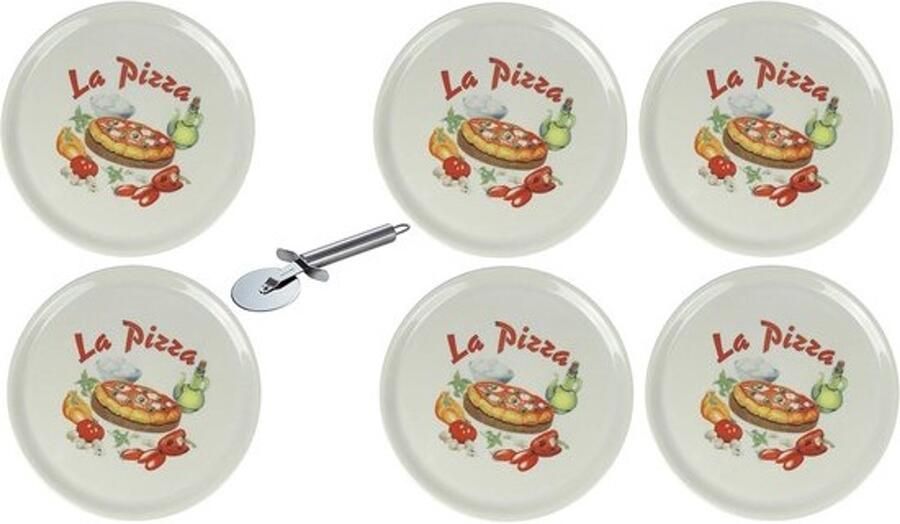 Pizzabordenset Eetborden Voor pizza serveren Inclusief snijder 6 stuks Ø 31 cm Wit met decor