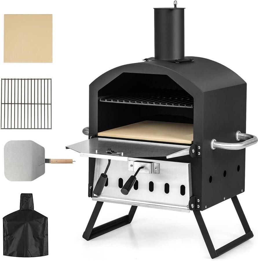 Pizzaoven Buiten Houtgestookte Oven Buiten Koken Tot 600 Graden Inclusief Accessoires Zwart Zilver