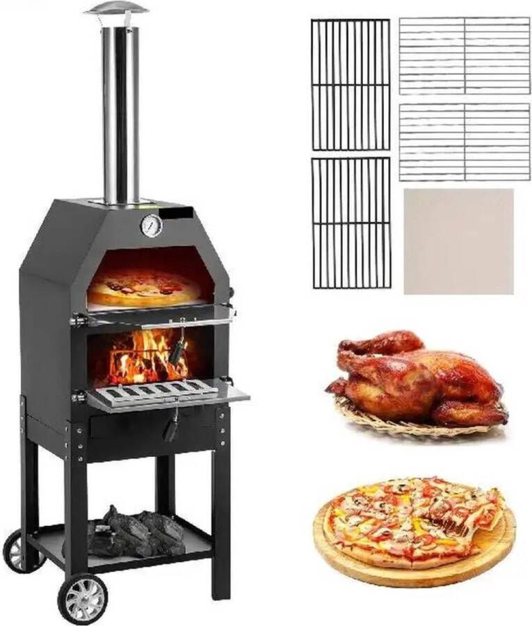 Pizzaoven buiten Houtgestookte Pizza oven Houtskool Barbecue Multifunctionele BBQ Met wielen & Handgreep Pizza BBQ Smoker Max Temperatuur: 500 ℃ 40 x 35 x 141cm