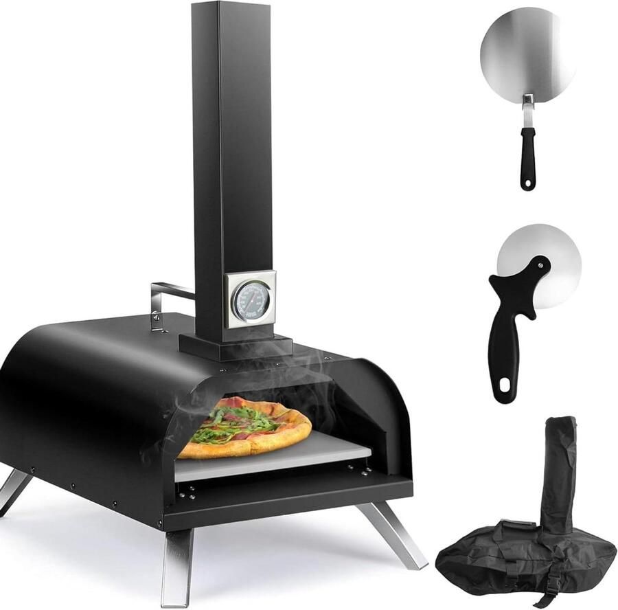 Pizzaoven Buiten Houtoven Tuin Lekkere Pizza's Maken Roterende Steen 12 Inch Cap. Zwart