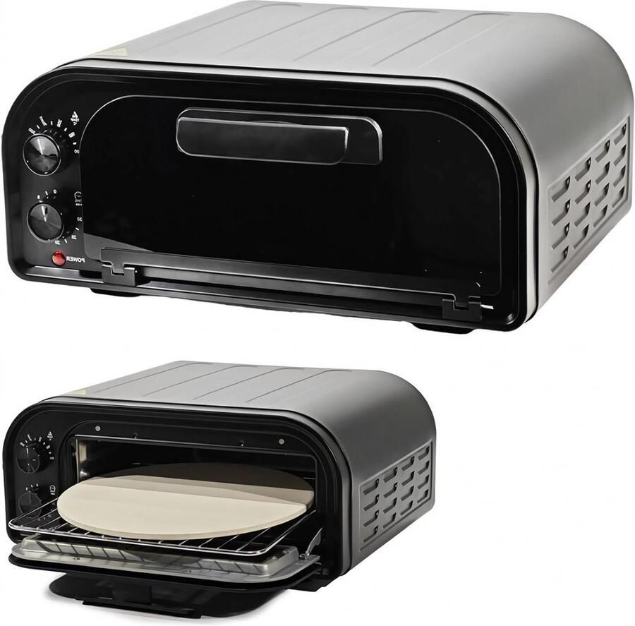 Pizzaoven Focaccia dubbel verwarmingselement 100-350° glazen deur thermostaat timer 1600 W pizza 30 cm metaal polycarbonaat steen vuurvaste tang extractie grill klaar in 6 minuten