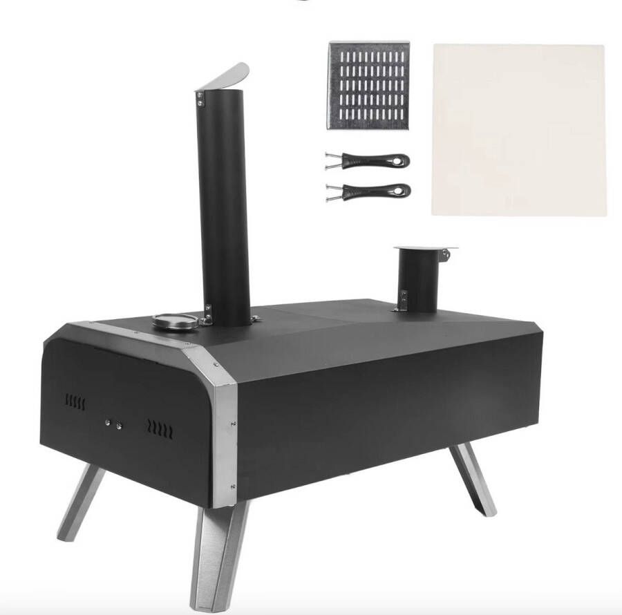 Pizzaoven Hout gestookte oven Buiten Buitenkeuken Buitenoven Hout gestookt RVS Zwart 12 pizza's