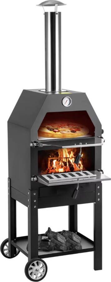 Pizzaoven Houtoven Buiten Buitenkeuken Buitenoven Hout gestookt Met wielen Zwart -140x40x35