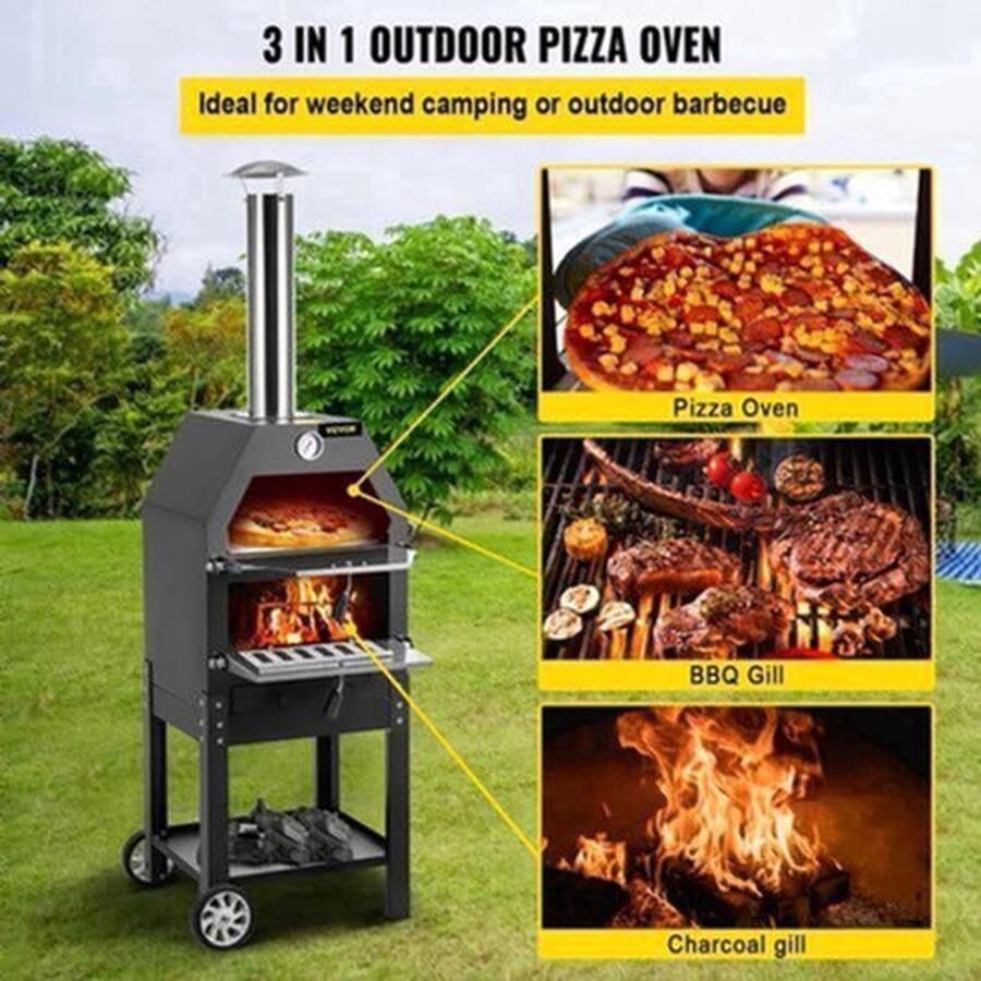 Pizzaovens Pizzaoven Buiten Pizzaoven Houtgestookt Pizzarette Pizza Maker 12” 2-laags Pizzaoven met 2 Afneembare Wielen