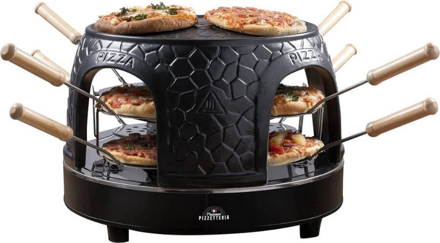 GUTEC Gourmetstel 8 Personen Raclette Gourmet Set + Pizzaoven voor Mini Pizza's (Ø 10 cm) Ideaal voor Gezellige Avondjes 12-15 Minuten Bakken Zwart