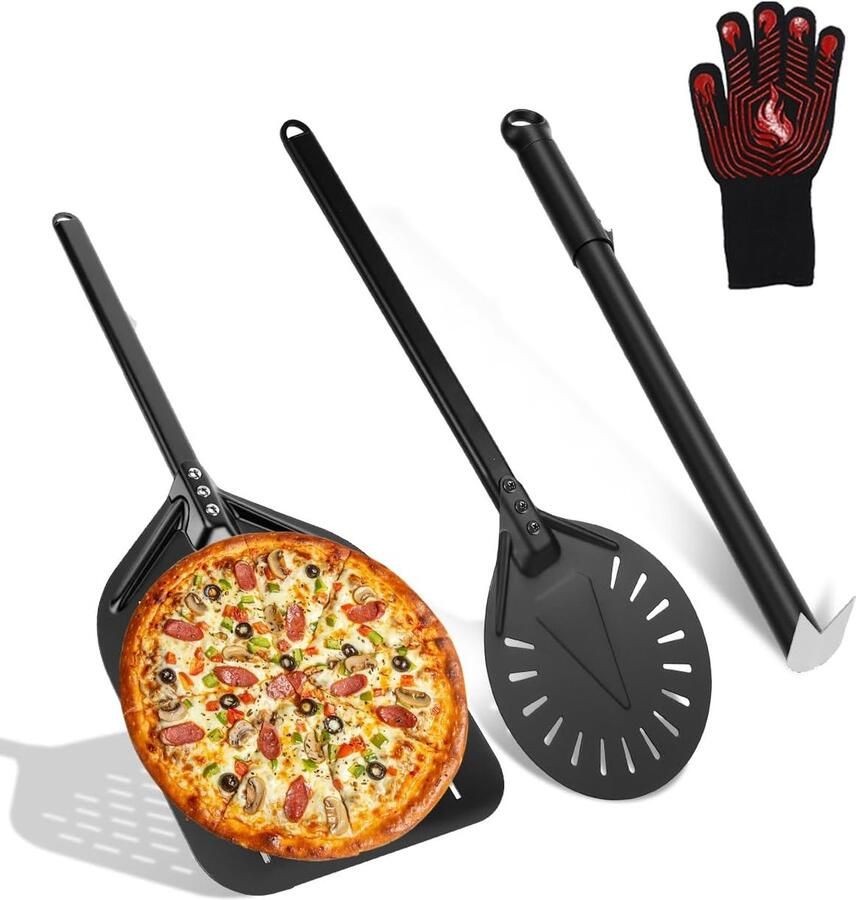 Pizzaschep Set Pizza Gereedschap Pizza Bakken Hittebestendige Handschoenen 3 Delig Zwart