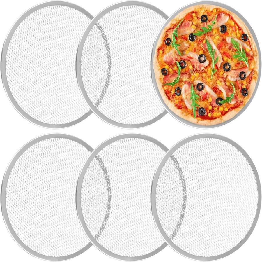 Pizzaschermen Set Ronde Bakplaten Gelijkmatig Bakken Aluminium Gaas 6 Stuks 30cm Zilver