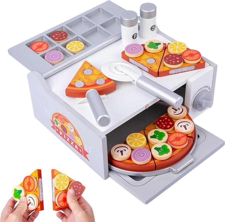 Pizzaset Hout Speelgoed Keuken Fantasie Spel Zelfklevende Ingrediënten 26.7 cm Multicolor