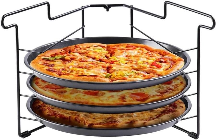 Pizzaset met rek Bakplaten set Meerdere pizza's bakken Antiaanbaklaag 3 pannen 28.5 cm Zwart