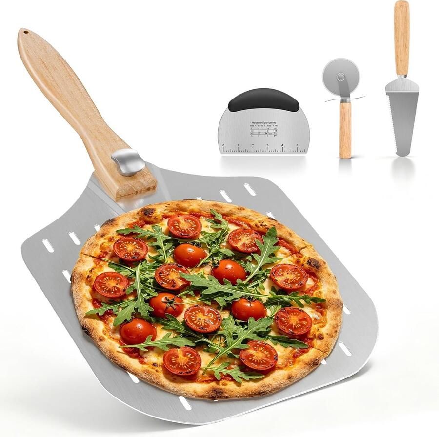 Pizzaset Roestvrij staal Geperforeerde pizzaschep Inclusief deegschraper en pizzasnijder Voor hobbybakkers
