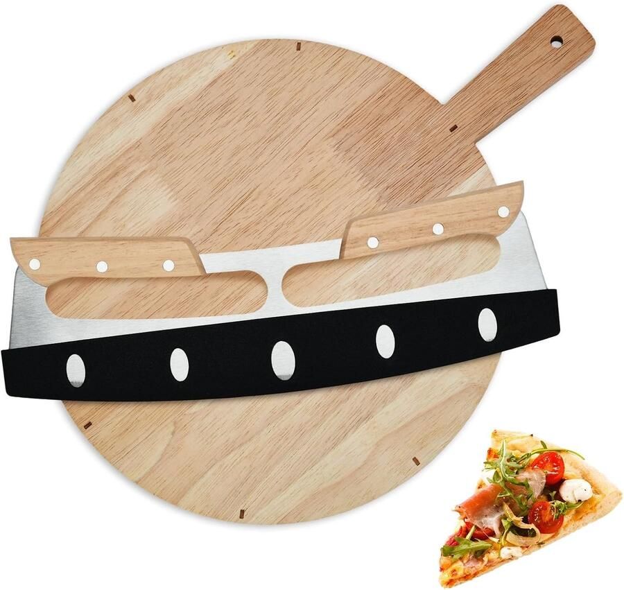 Pizzasnijder en houten pizzasnijplank set 33 cm roestvrij staal mes en 30 5 cm snijplank ideale pizzaaccessoires voor thuisgebruik en zelfgemaakte pizza's