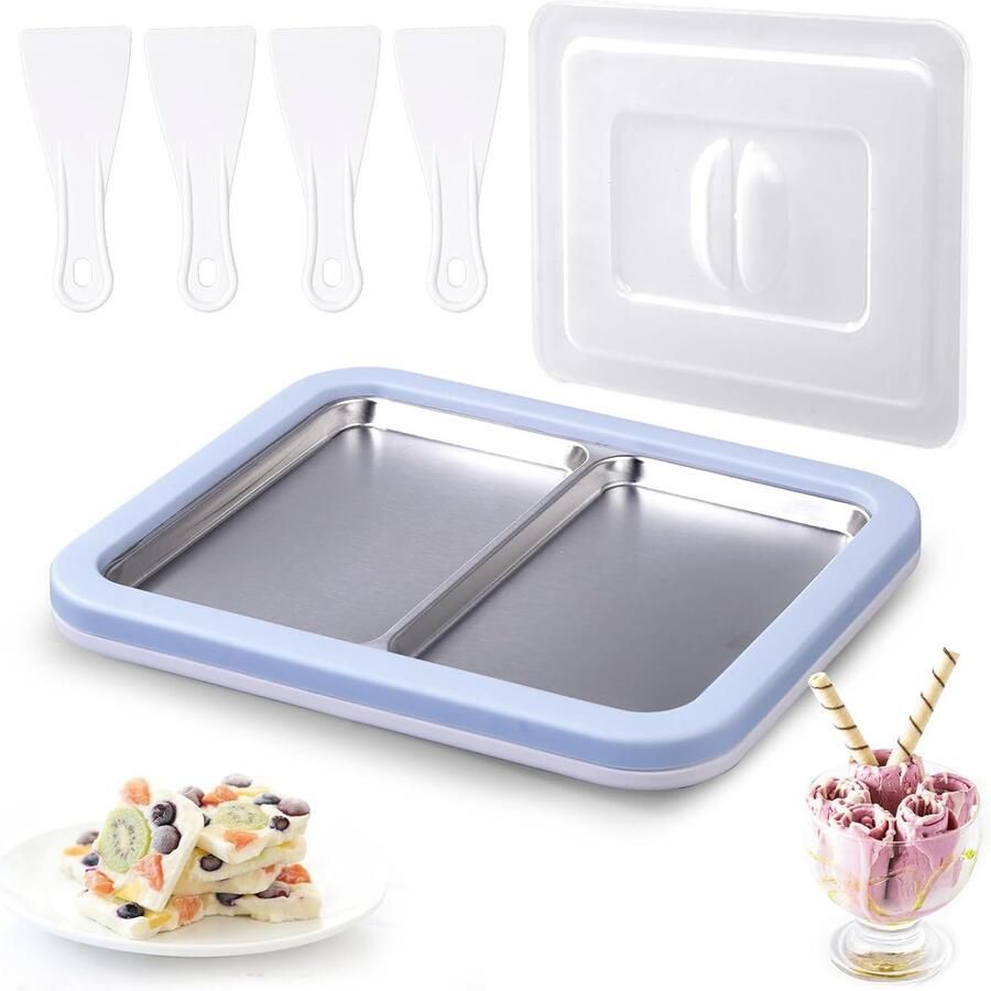 Plaat met 4 spatels ijsrolplaat ijsplaat Ice Cream Rolls Maker voor kinderen familie gelato doe-het-zelf maken lichtblauw