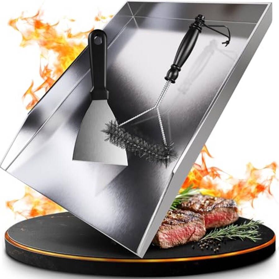 Plancha Grillplaat 40 x 30 cm Geschikt voor Barbecue Gasbarbecue en Kolengrill Inclusief Borstel en Grillspatel