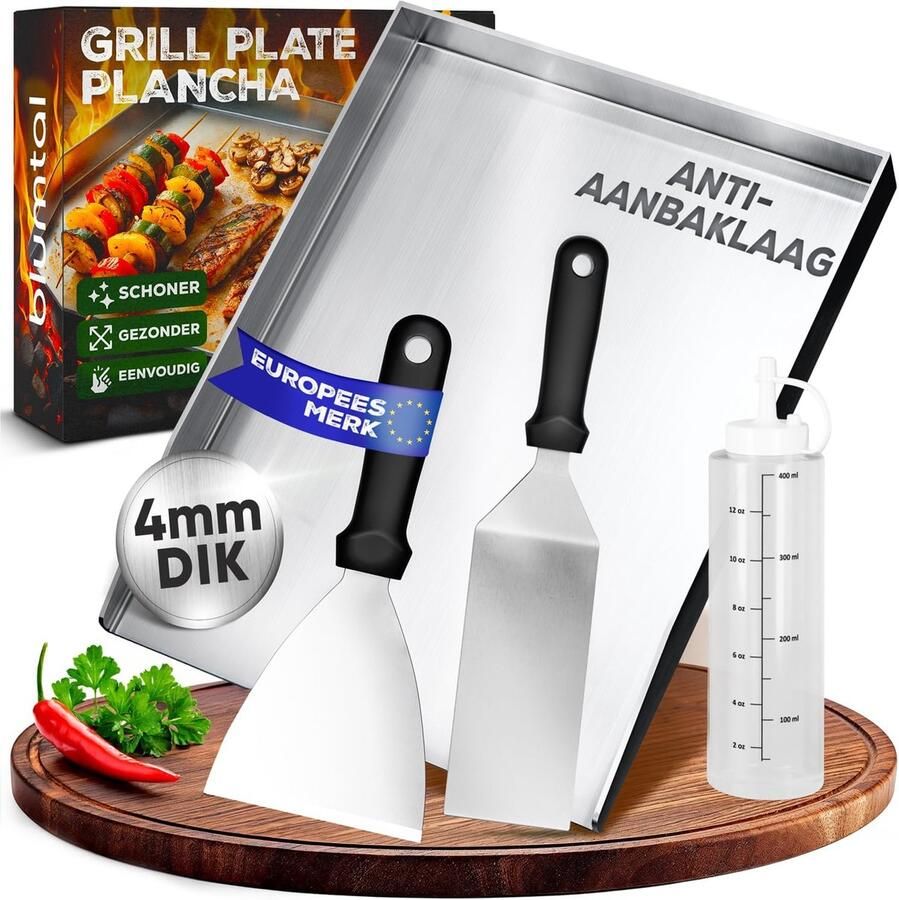 Plancha Grillplaat RVS 30x40 cm met 2 Spatels en Oliefles Geschikt voor Gasbarbecue