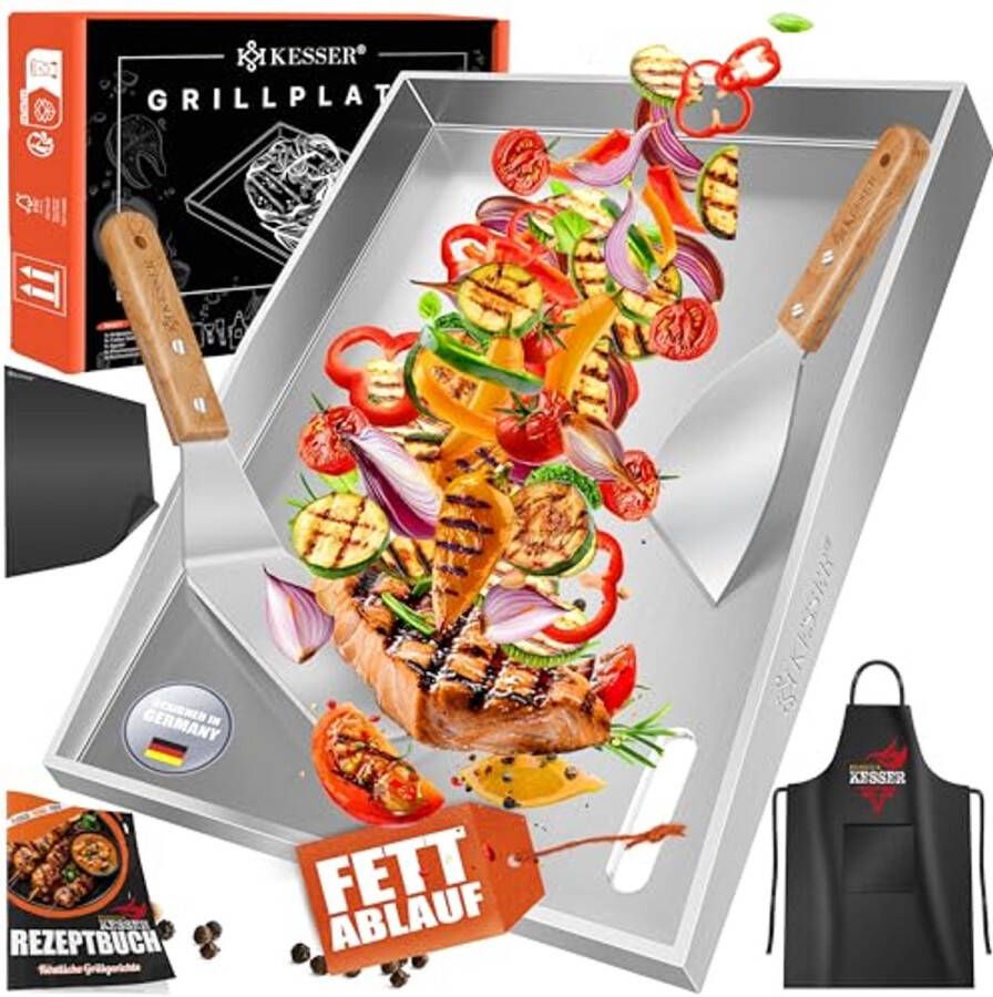 Plancha Grillplaat RVS 40 x 30 cm met Vetafvoer en Hittebestendigheid tot 800 °C Inclusief Spatels Schort en Grillmat