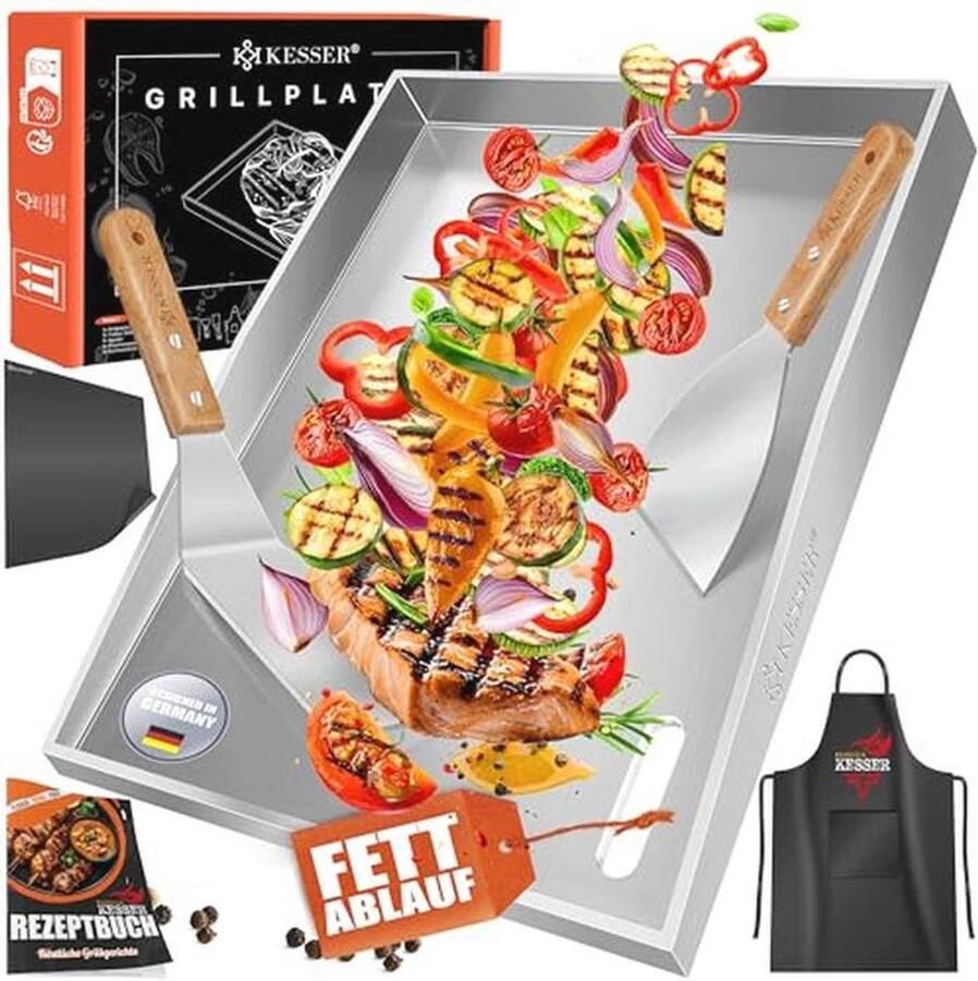 Plancha Grillplaat RVS 40 x 30 cm met Vetafvoer en Hittebestendigheid tot 800 °C Inclusief Spatels Schort en Grillmat