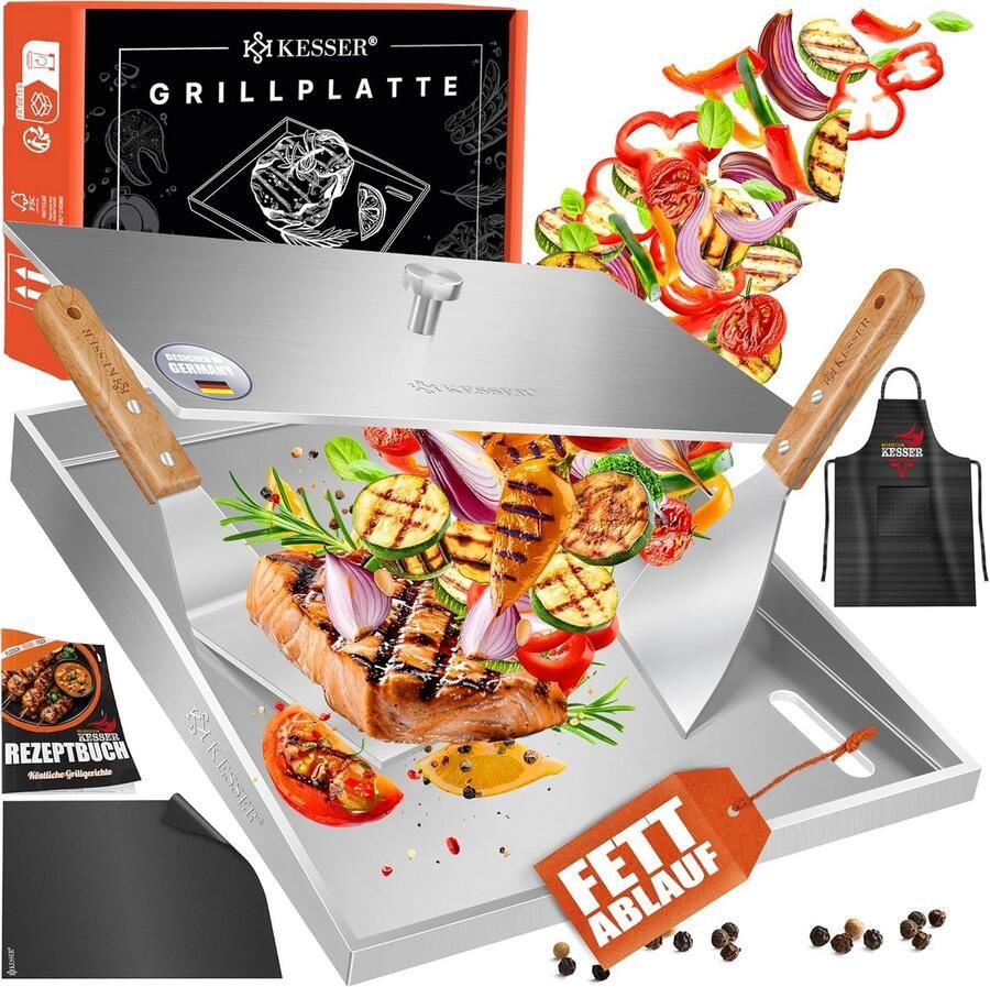 Plancha Grillplaat RVS 40x30 cm met Deksel en Vetafvoer Hittebestendig 800°C Inclusief Accessoires