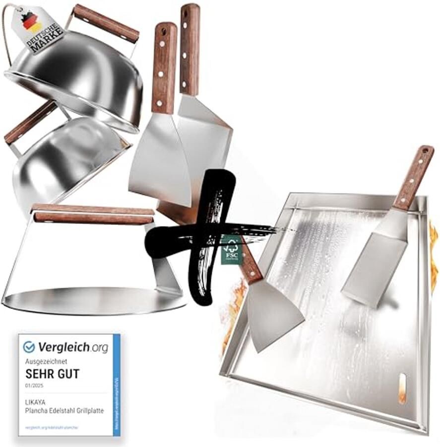 Plancha Roestvrij Stalen Grillplaat met Burger Smasher Set – Grillspatels en Acaciahout Handvat – Perfect voor BBQ en Smash Burgers