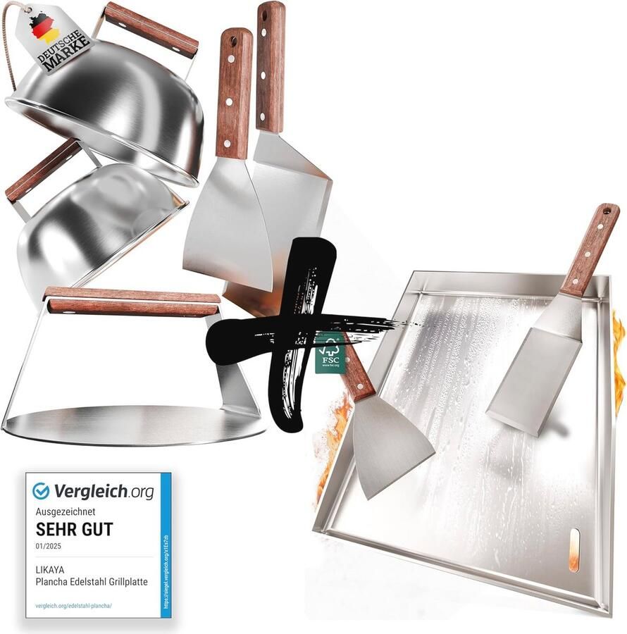 Plancha Roestvrij Stalen Grillplaat met Burger Smasher Set – Grillspatels en Acaciahout Handvat – Perfect voor BBQ en Smash Burgers
