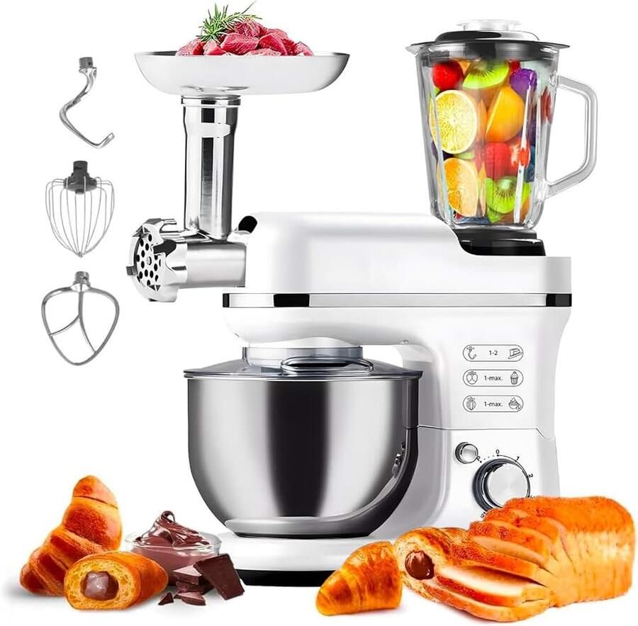 Planetaire keukenmachine met vleesmolen en mixer van roestvrij staal 6 5 l 1900 W 360 graden roeren met 6 instelbare snelheden en plus-functie voor elk type deeg of crème