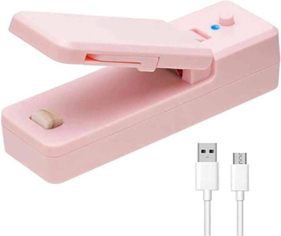 Plastic verpakkingssealer USB-oplaadbare heetscheerapparaat draagbare handsealer zakjes voor keukengraan plastic snacksealer (roze)