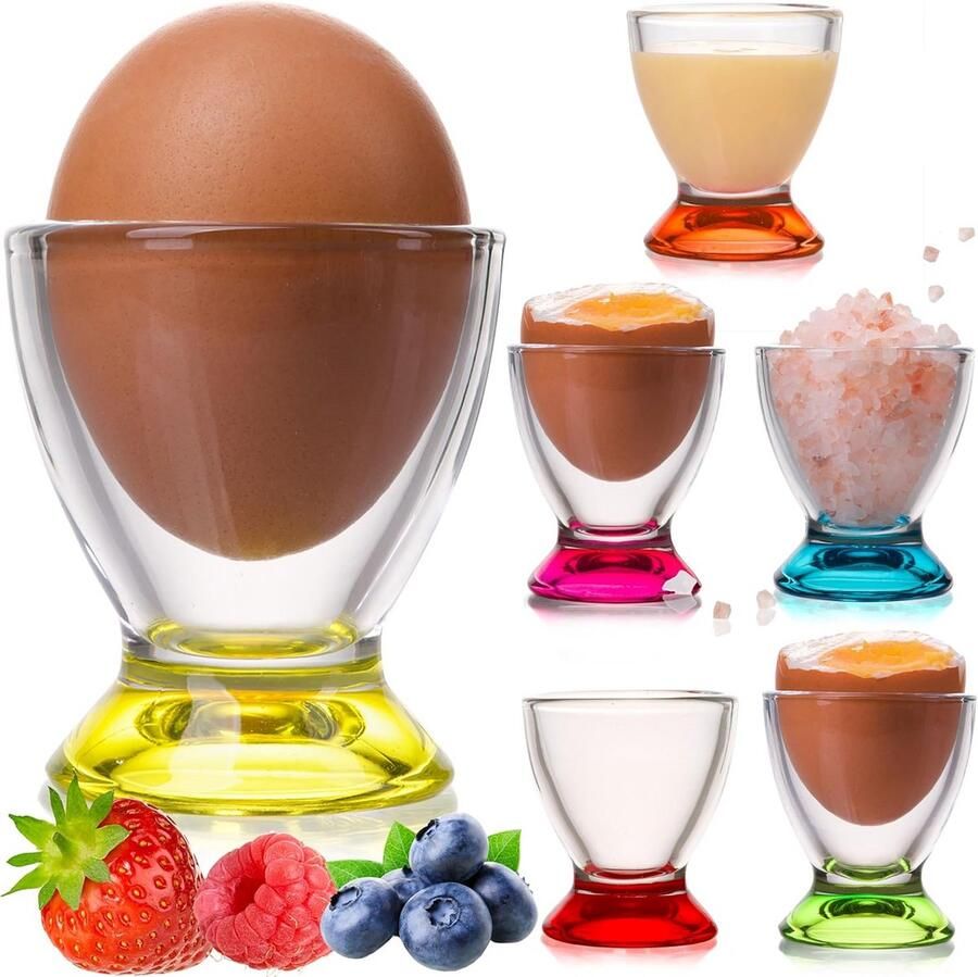 PLATINUX Egg Cup Set Colourful Glass (6 Pieces) Egg Stand Breakfast Egg Holder Brunch