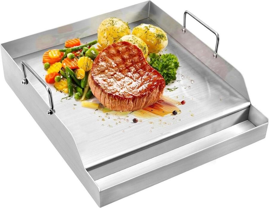 Platte Grillplaat Bakplaat Buiten Koken Verwijderbare Handvatten 40 x 32 cm Zilverkleurig