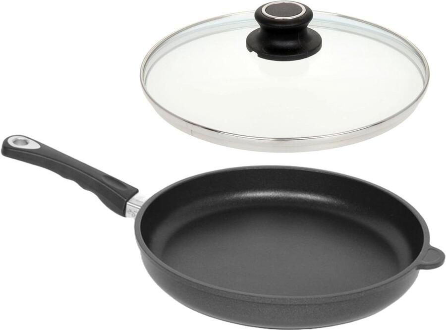 Platte pan Koekenpan inductie Koken en bakken Handgegoten aluminium Ø 26 cm Zwart