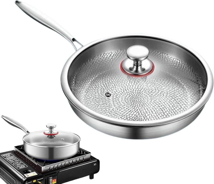 Platte Verwarmingspan Compacte Sauteerpan Culinaire Keukenuitrusting Geoptimaliseerde Warmteverdeling ca. 28 cm Mat Metaal