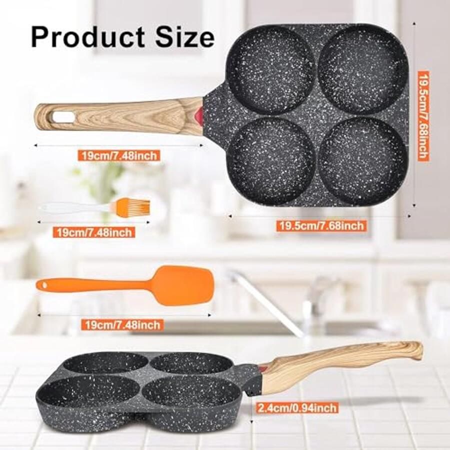 Poche Eierpan met Antiaanbaklaag 4 Gaten voor Spiegeleieren Worstjes Hamburgers en Pannenkoeken Geschikt voor Inductie Gas Glaskeramische en Elektrische Fornuizen