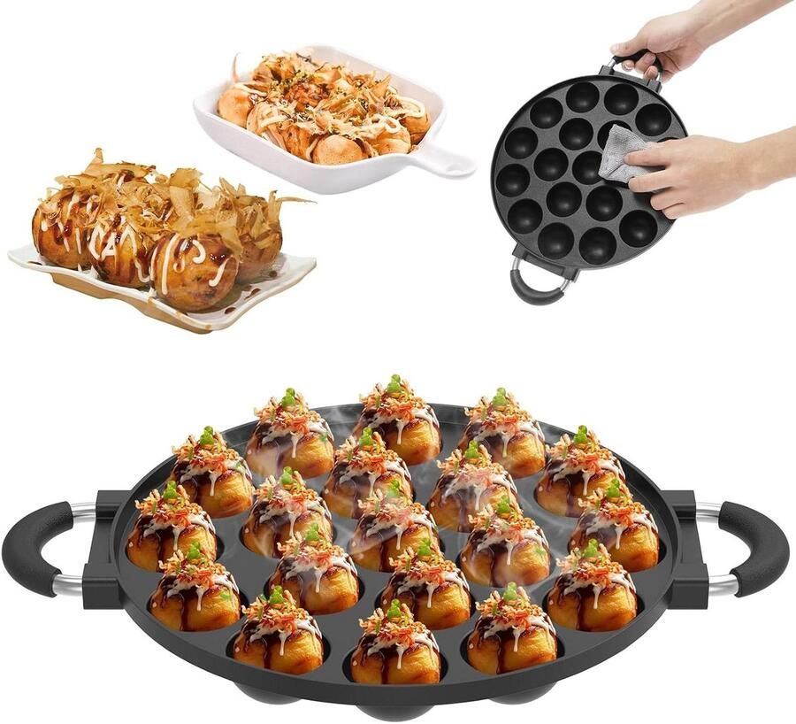 Takoyaki Poffert Pan Mini Pancake Maker Japanse Snacks Maken Met Anti-aanbaklaag 19 Mini Holtes Zwart